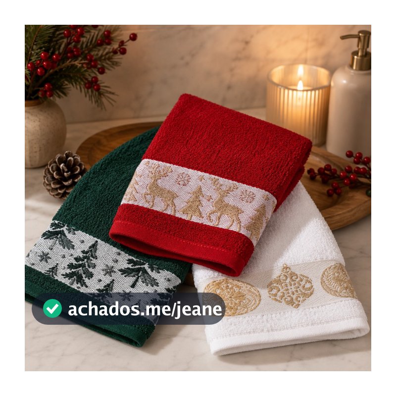 Toalha de Lavabo Natalina Bordada 100% Algodão 30x50cm Toalha de Mão Visita Macia Felpuda Premium Banheiro