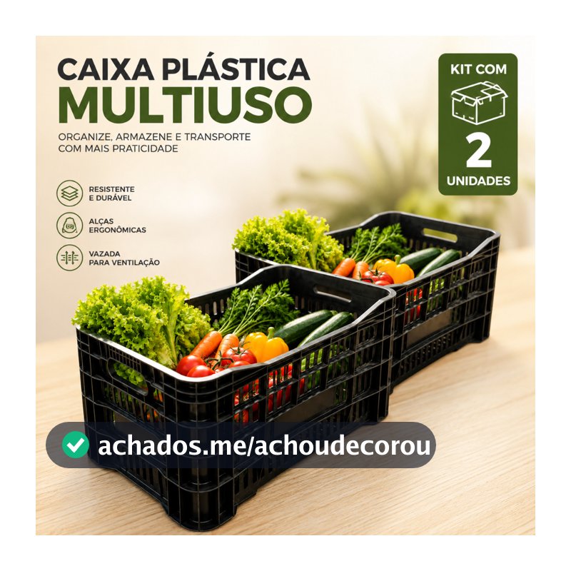 Kit 2 Caixa Plástica Hortifruti 49 Litros Preta Organizadora 55x36x31cm