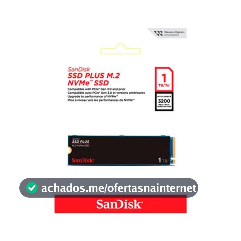SSD SanDisk Plus, 1TB, M.2 PCle, NVMe, Leitura 3200MB/s e Gravação acima de 2500MB/s, Preto - SDSSDA3N-1T00-G26