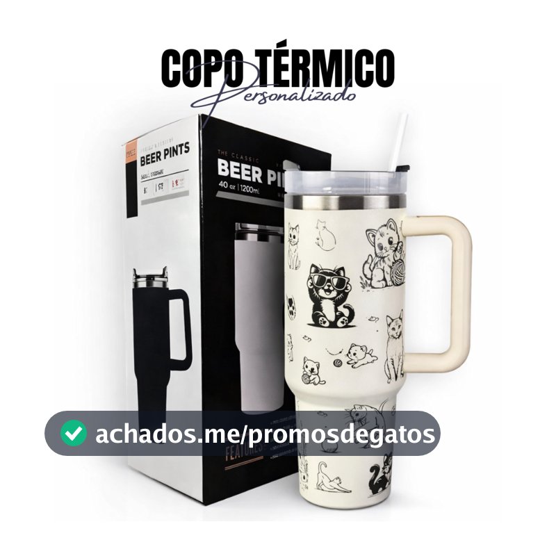 Copo Térmico 1200ml Off White Personalizado Gatos Gatinhos Gravação Laser 360 Graus