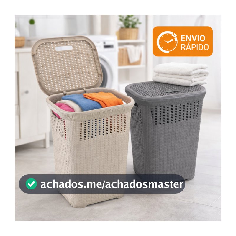 Cesto de Roupa Rattan 50L com Tampa Basculada Grande Lavanderia Premium
