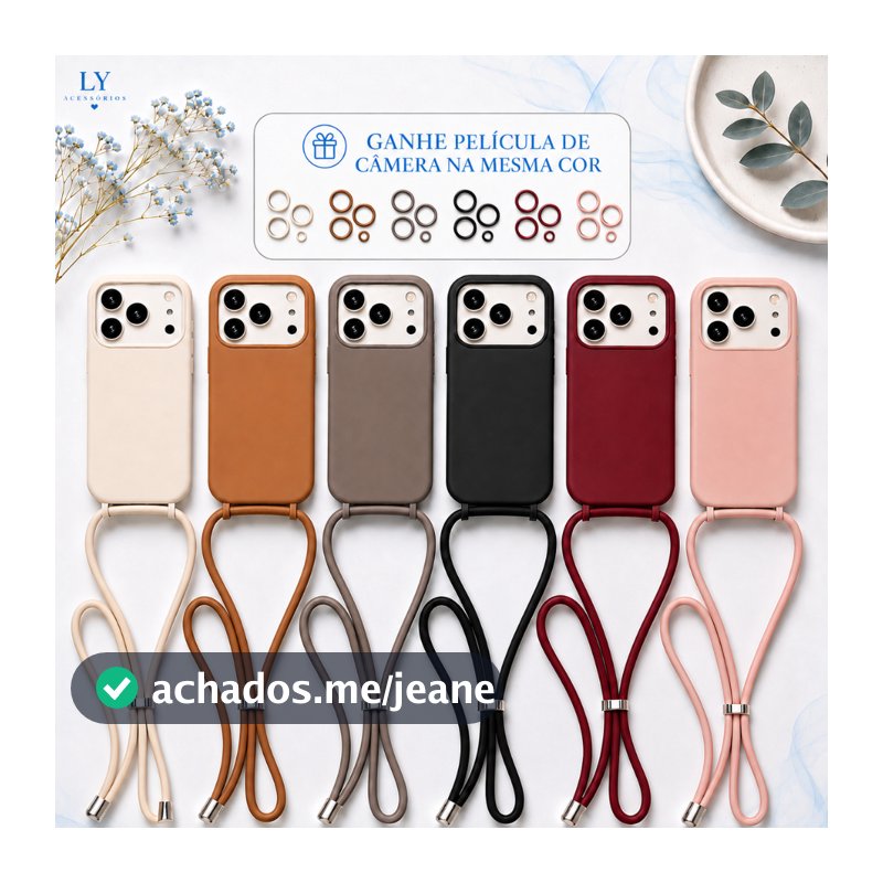 Capa Capinha com Cordão para iPhone 17 17 Air 16 16E/17E 15 14 13 12 11 Pro Max TPU Aveludada Antichoque