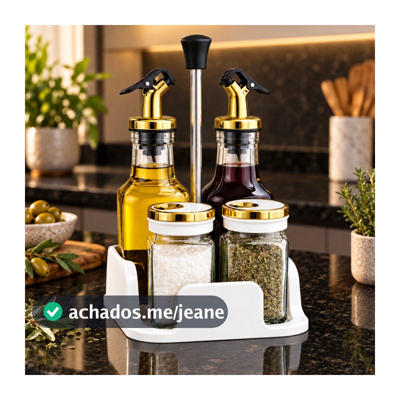 Kit Galheteiro 5 Peças Porta Temperos Vidro Luxo com Suporte Dourado Preto e Branco Cozinha Moderna Decorativa