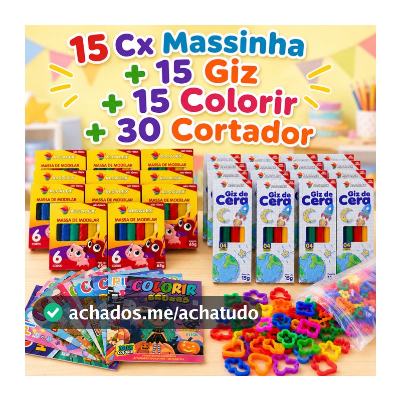 15 Massinha Modelar + 15 Giz de Cera + 15 Colorir/Atividades  + 30 Cortador p/ Kit Festa Lembrancinha Infantil
