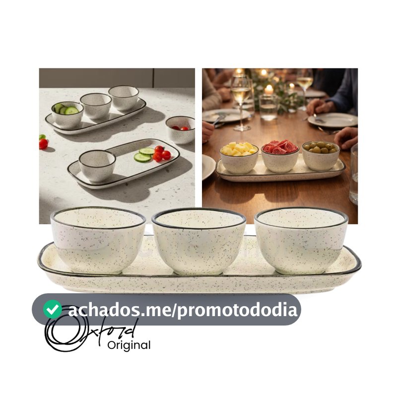 Jogo de Petisqueira 3 Bowls com Bandeja em Cerâmica Retangular Para Servir Domus Brisa Oxford