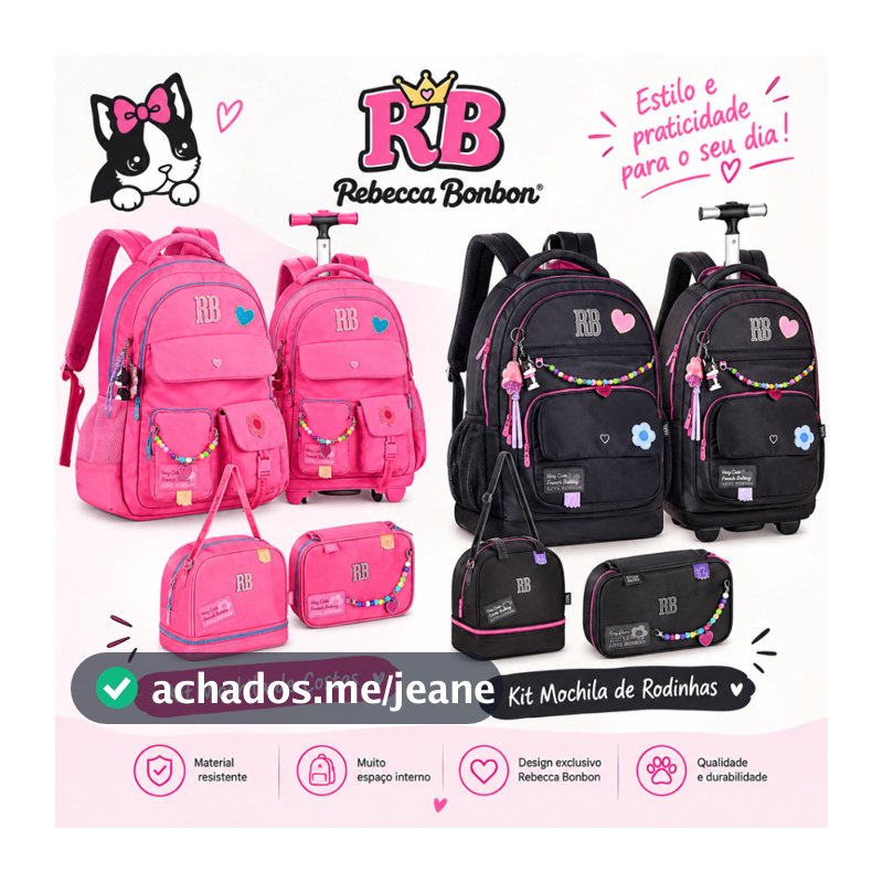 Kit Rebecca Bonbon Mochila Costas ou Rodinhas Lancheira Estojo Box Escolar Preto Rosa Lilás RB