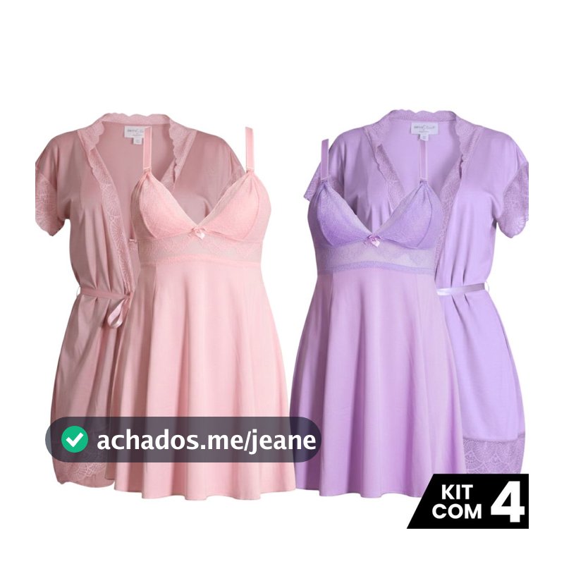 Kit 2 Camisolas Amamentação e 2 Robes Pós Parto Com Renda Maternidade Gestante