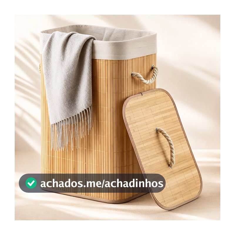 Cesto Organizador de Roupas 72 Litros com Tampa Bambu para Banheiro e Lavanderia