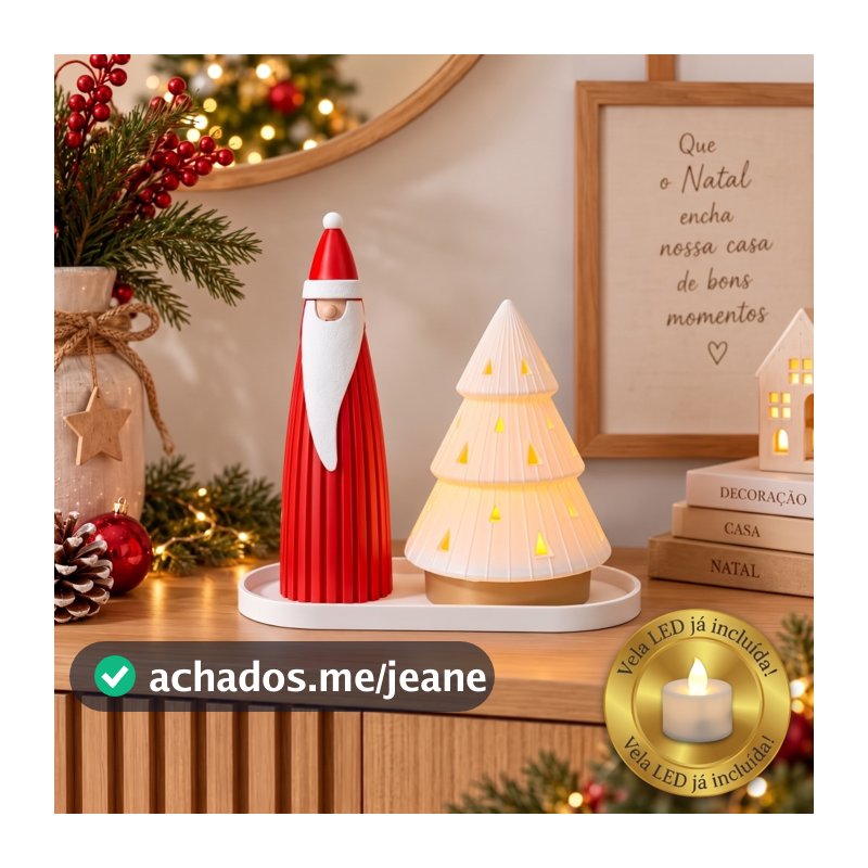 Kit Natalino Papai Noel Escandinavo e Árvore Luminária com Bandeja e Vela LED