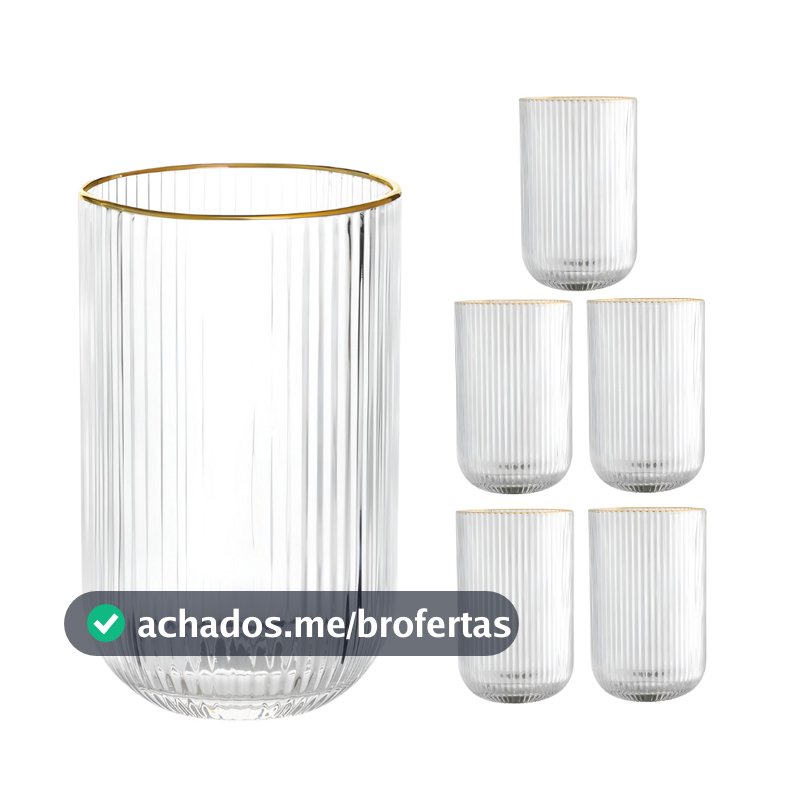 Jogo 4/6/12 Copos de Vidro Versalhes Fio De Ouro Borda Dourada Cameratta Grafiatto Canelado 420ml