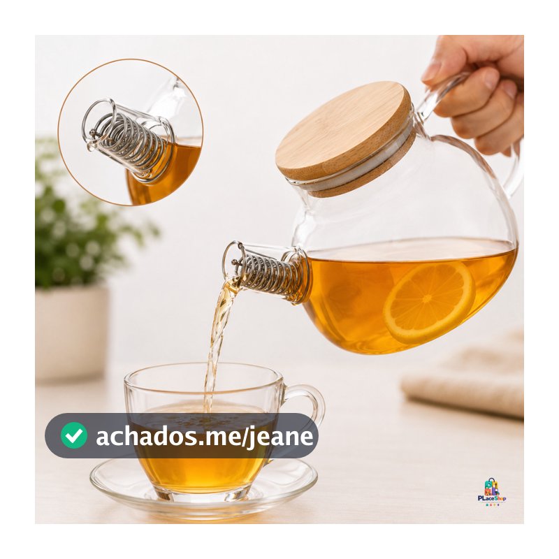 Chaleira Vidro Tampa Bambu Borossilicado 1L com Infusor Inox  Resistente