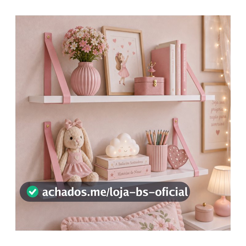 Kit 2 Prateleiras MDF Branco Premium 60x20 alças em couro rosa Decoração Quarto Infantil Organizador