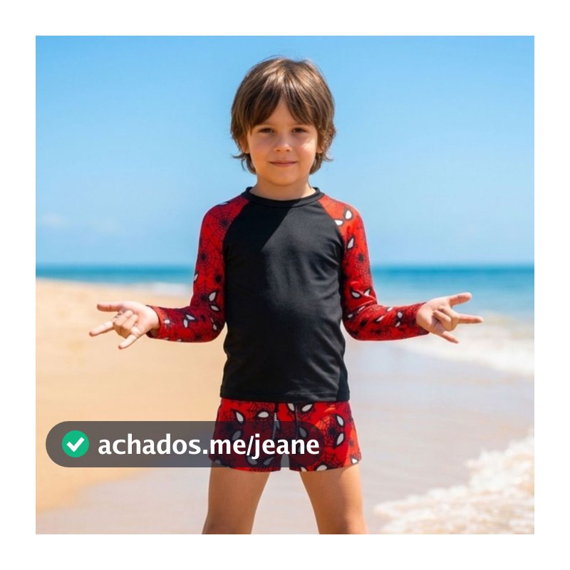 Conjunto Camiseta Manga Longa e Sunga Infantil Menino 4 a 12 Anos Praia Piscina Natação