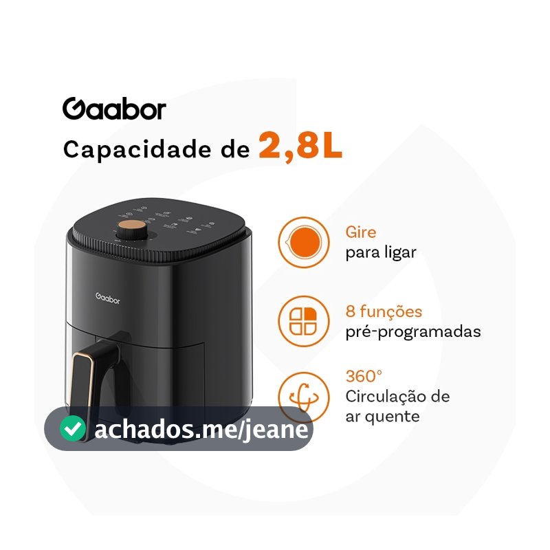 Gaabor 127V Air Fryer 2,8L 360° Circulação de Ar Cozimento Uniforme Timer Antiaderente AF-35M02A