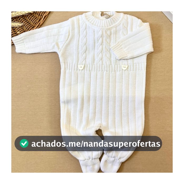 Macacão de Bebê Trançado RoupaTricot Ursinho Saída Maternidade Branco Recém Nascido Menina Menino