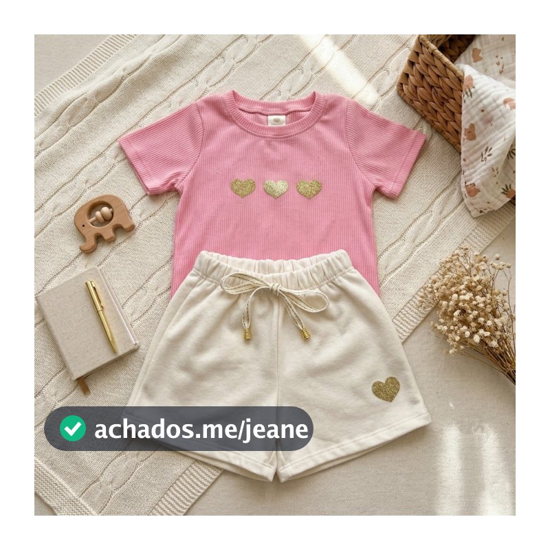 Lovely Pink Roupa Infantil Menina Blusa Corações Shorts Rosa Leve Fresquinho Verão Luxo