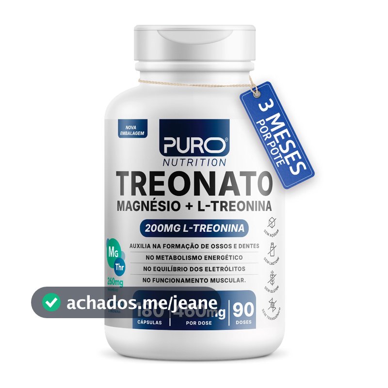 Treonato Puro Nutrition Magnésio + L-Treonina, Alto Teor de Magnésio por Porção, 180 Cápsula