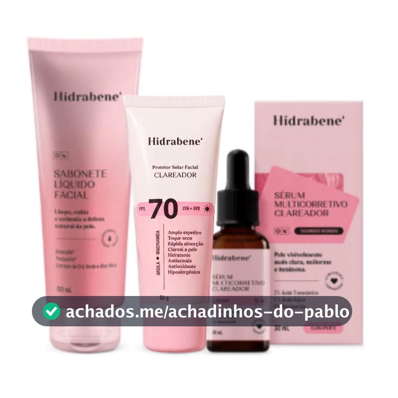 Kit Hidrabene Clareador Skincare Clareador Facial: Sabonete, Protetor 70 FPS e Sérum Multicorretivo