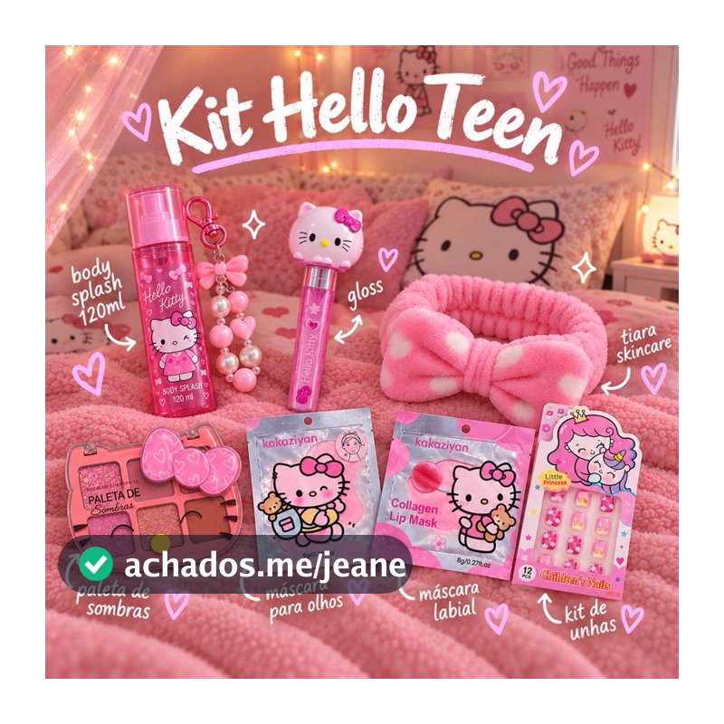 Kit Hello Teen 7 Itens Presente Com Body Splash Gloss Paleta Tiara Máscaras Unhas E Acessórios