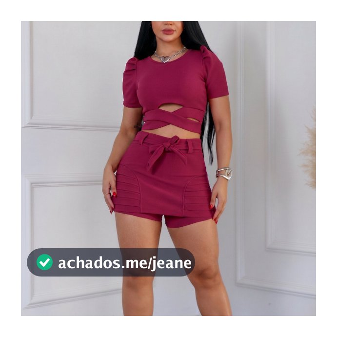 Conjunto Cropped Manga Princesa e Short Saia de Amarrar Fashion Feminino