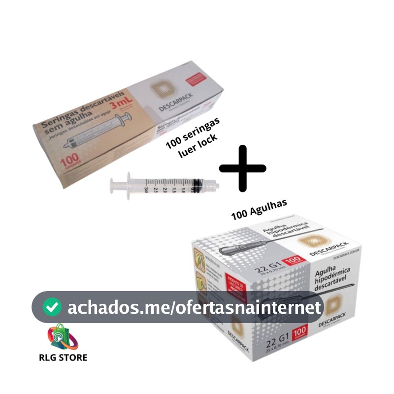 Kit 100 Seringas 3ml Bico Luer lock Descarpack + 100 Agulhas 25x0,7 DescarpackENTREGA IMEDIATA