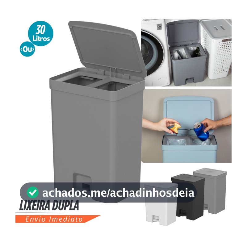 Lixeira de Pedal Trium 30L Duplo Compartimento Lixo Inteligente C/Sacos invisibilizados visual limpo