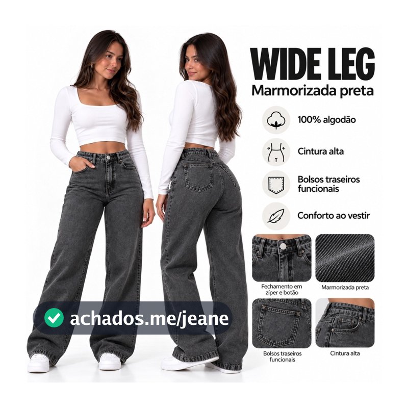 Calça Wide Leg Jeans Marmorizada Calça 100% Algodão Pantalona Cintura Alta Feminina Premium Sem Lycra boca larga Tecido