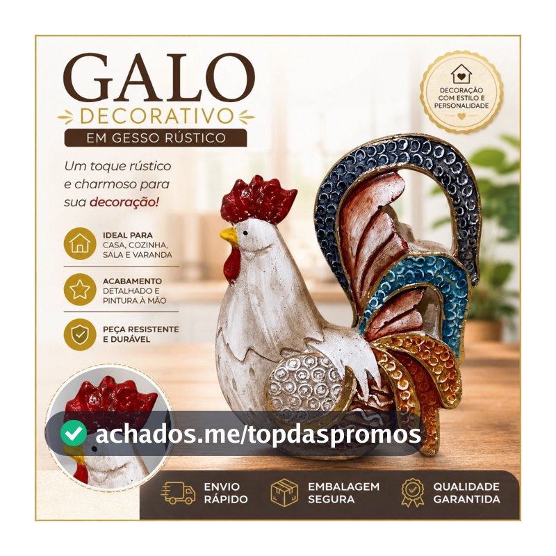 Galo Decorativo em Gesso Colorido – Enfeite Rústico para Cozinha, Mesa ou Prateleira