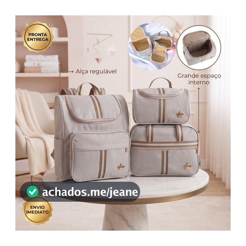 Kit Classic Bege Bolsas Maternidade 03 Peças Bege Creme com Faixa Marrom
