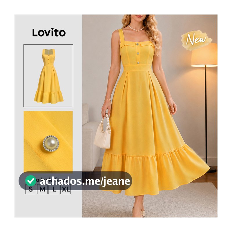 Lovito Vestido Feminino Elegante Amarelo Modelo Longo com Babado Botão e Zíper Primavera Verão Casual Fim de Semana e Traje de Trabalho DRB39BR017