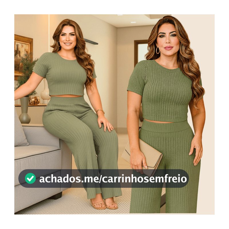Conjunto Feminino Calça Pantalona e Cropped Manga Curta - Malha Canelada Premium Toque de algodão