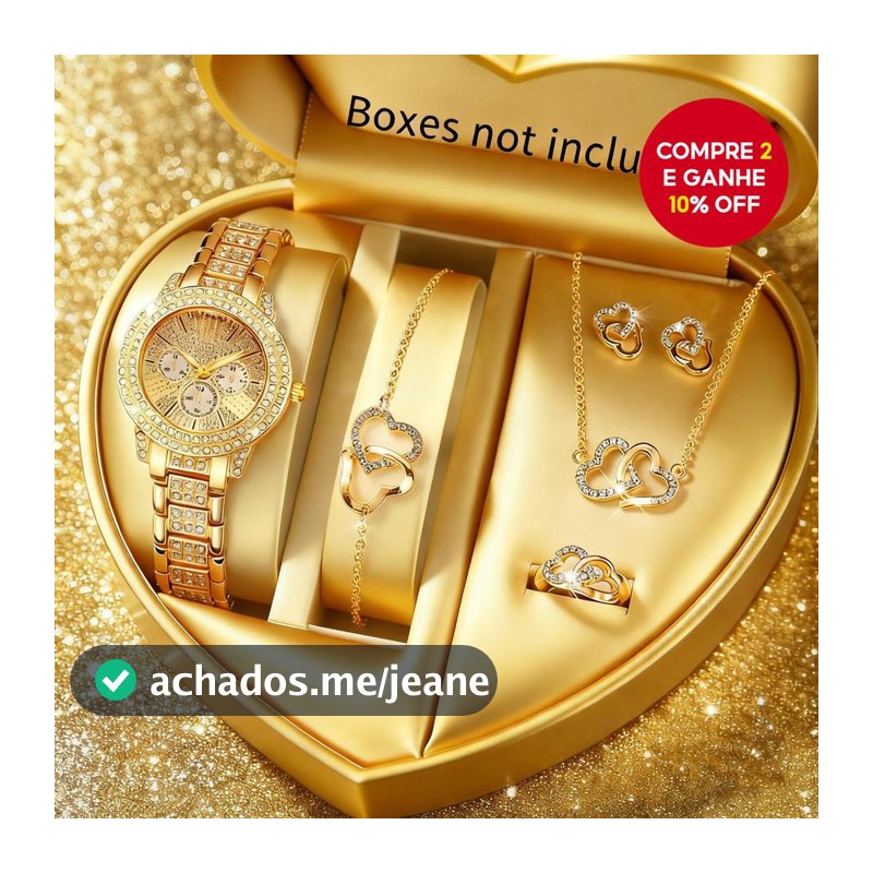 6 Peças Feminino Relógio De Quartzo Conjunto De Joias Strass Coração Pulseira Colar Brincos Presente