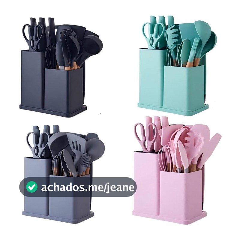Kit 19 Peças Jogo de Utensílios Para Cozinha em Silicone Com Cabo de Madeira Completo