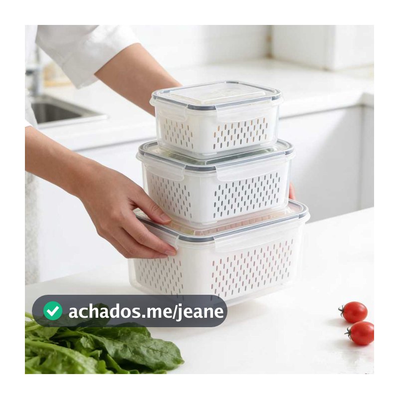 Kit 3 Potes De Organizador Hermetico Com Cesta Escorredor Para Geladeira
