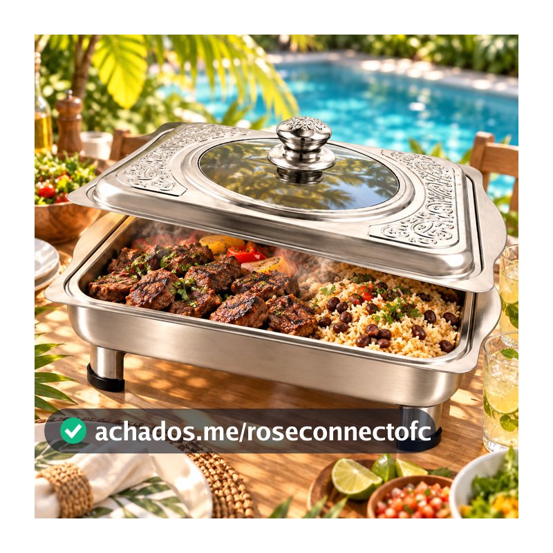 Rechaud Inox Leve 2,5L Travessa Quadrada com Tampa de Vidro e Pés Removíveis para Buffet, Hotel e Restaurante