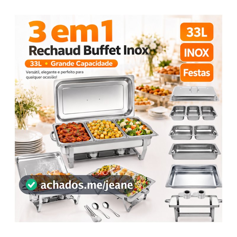 Rechaud Inox 33L p/ Buffets Grandes | Cozinha e Mantém Quente - Conjunto 3 em 1/ Festas a Restaurantes