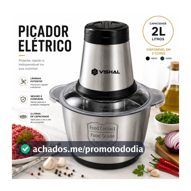 2 Litro Triturador De Alimentos Carne e Legumes Elétrico Multiprocessador 2 Modos Bivolt Inox Fácil De Limpar