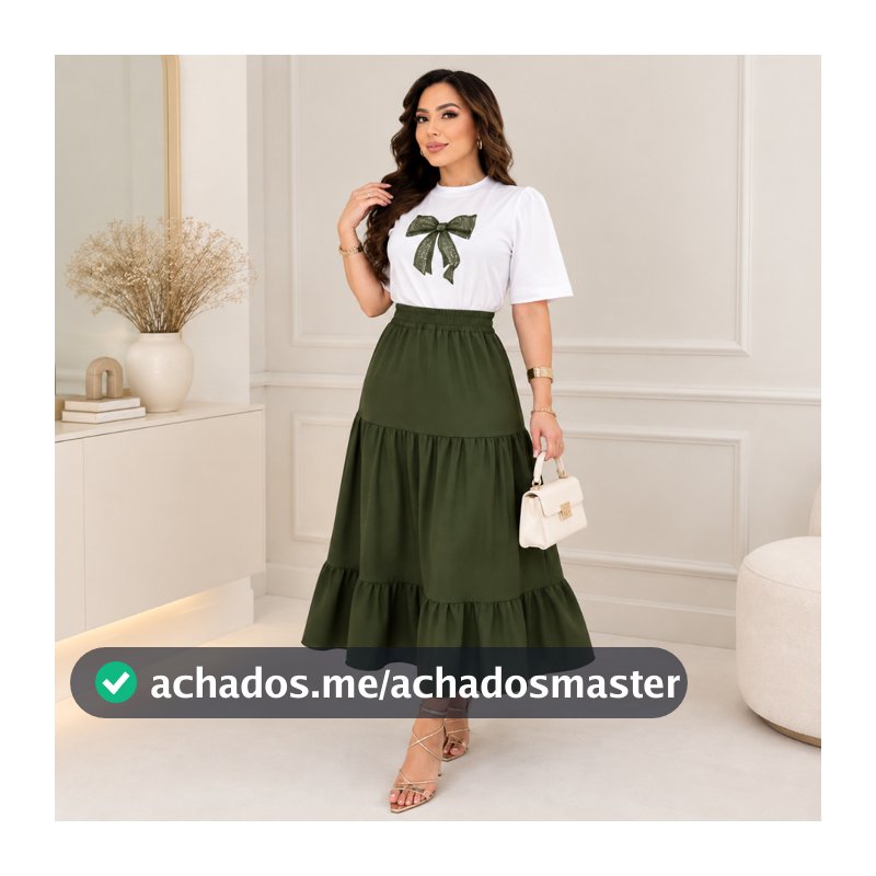 Conjunto Feminino Saia Babado + Blusa T-Shirt Estampada 100% Algodão | Moda Evangélica Cristã | Look Elegante