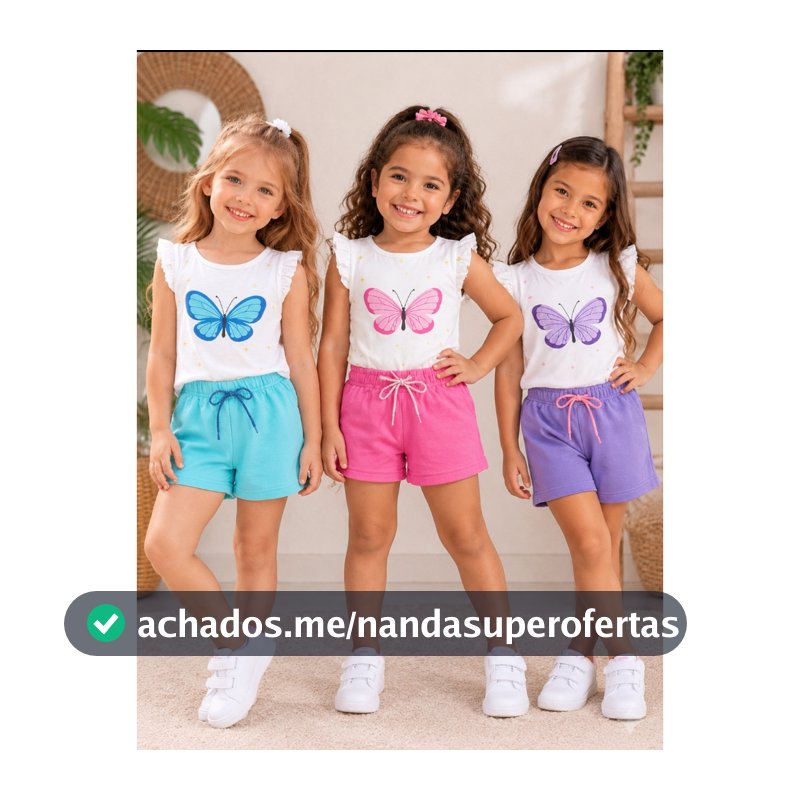 Conjuntos verão infantil menina  .( Blusa na cor off+ Bermuda) com cadarço com brilho