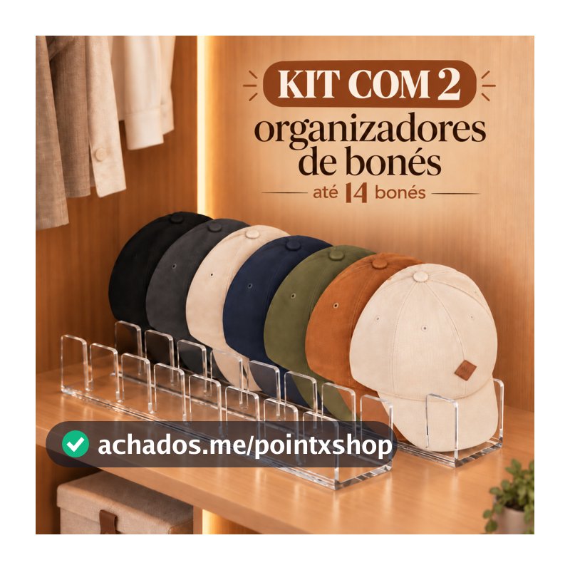 Kit 2 Suportes Organizadores de Bonés Acrílico Até 14 Bonés Closet Guarda-Roupa Loja