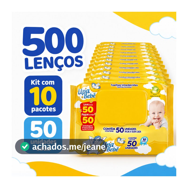 Kit 500 Lenços Umedecidos Bebe Upa 10 Pacotes 50un Pele Sensivel