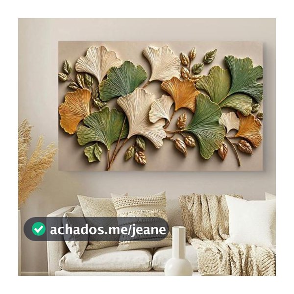 Quadro Decorativo Folhas Imagem 3D Luxo Dourado Verde e Off White Sala Quarto Elegante Premium