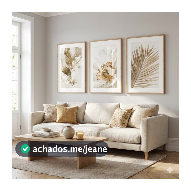 Kit Quadros Decorativo 3 peças 120X60 MDF Folhagem Dourada Gold Decoração Moderna Sala Hall Entrada