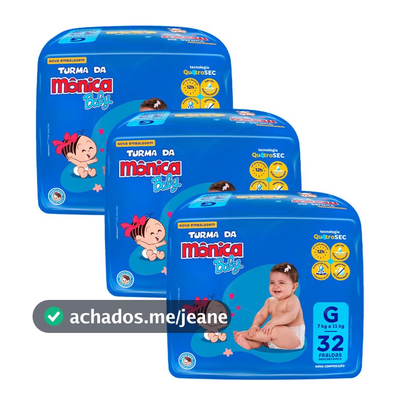 Kit 3 Fraldas Turma Da Mônica Mega G - 96 Tiras