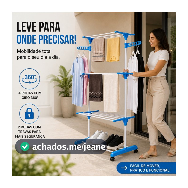 Varal de Chão 3 Andares Dobrável com Rodinhas para Roupas