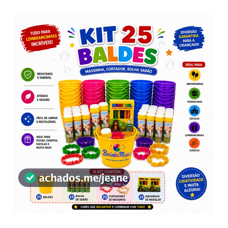 Kit 25 (Baldinhos + Massinha+ Bolha Sabão+ 30 Moldes)Lembrancinha Prenda Festa Junina Infantil