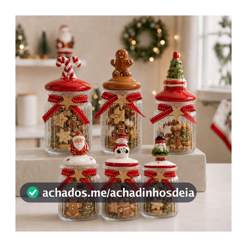 Potes de Vidro Natalinos 300mL - Porta Mini Biscoitos Porta Doces Bomboniere Decoração de Natal com Tampa Decorada