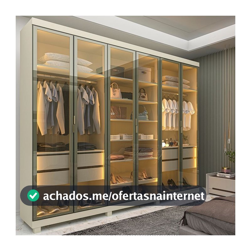 Guarda-Roupa Casal 6 Portas, com 6 Portas Reflecta com Pés com LED Imperatriz 100% MDF Yescasa Off White Off White