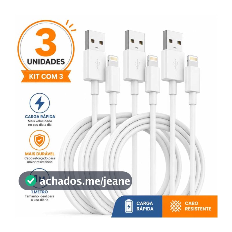 Kit 3 Cabos Lightning USB Turbo Compatível modelos 7 8 11 12 13 14 1m Carregamento Rápido