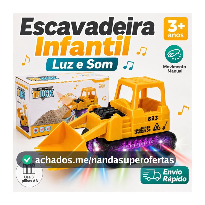 Escavadeira Infantil Brinquedo com Luz e Som Movimento Manual Pá Articulada Trator de Construção
